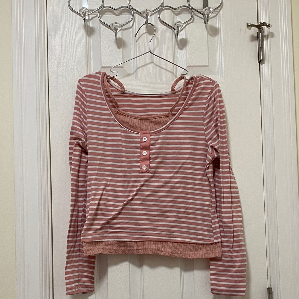 SHEIN Romwe Striped Pink Long Sleeve Top